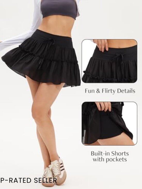 High Waist Athletic Skort with Built-In Shorts Flowy Ruffle Tiered Layered - Picture 4 of 7